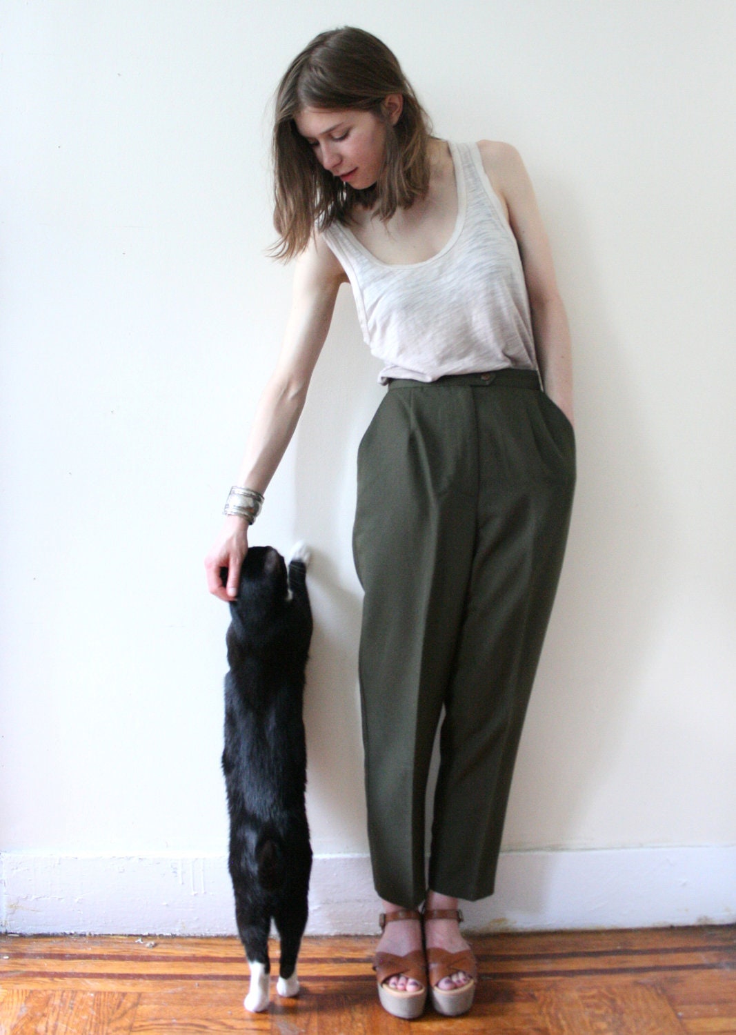 Vintage 70s Forest Green High-Waisted Pleated Pants