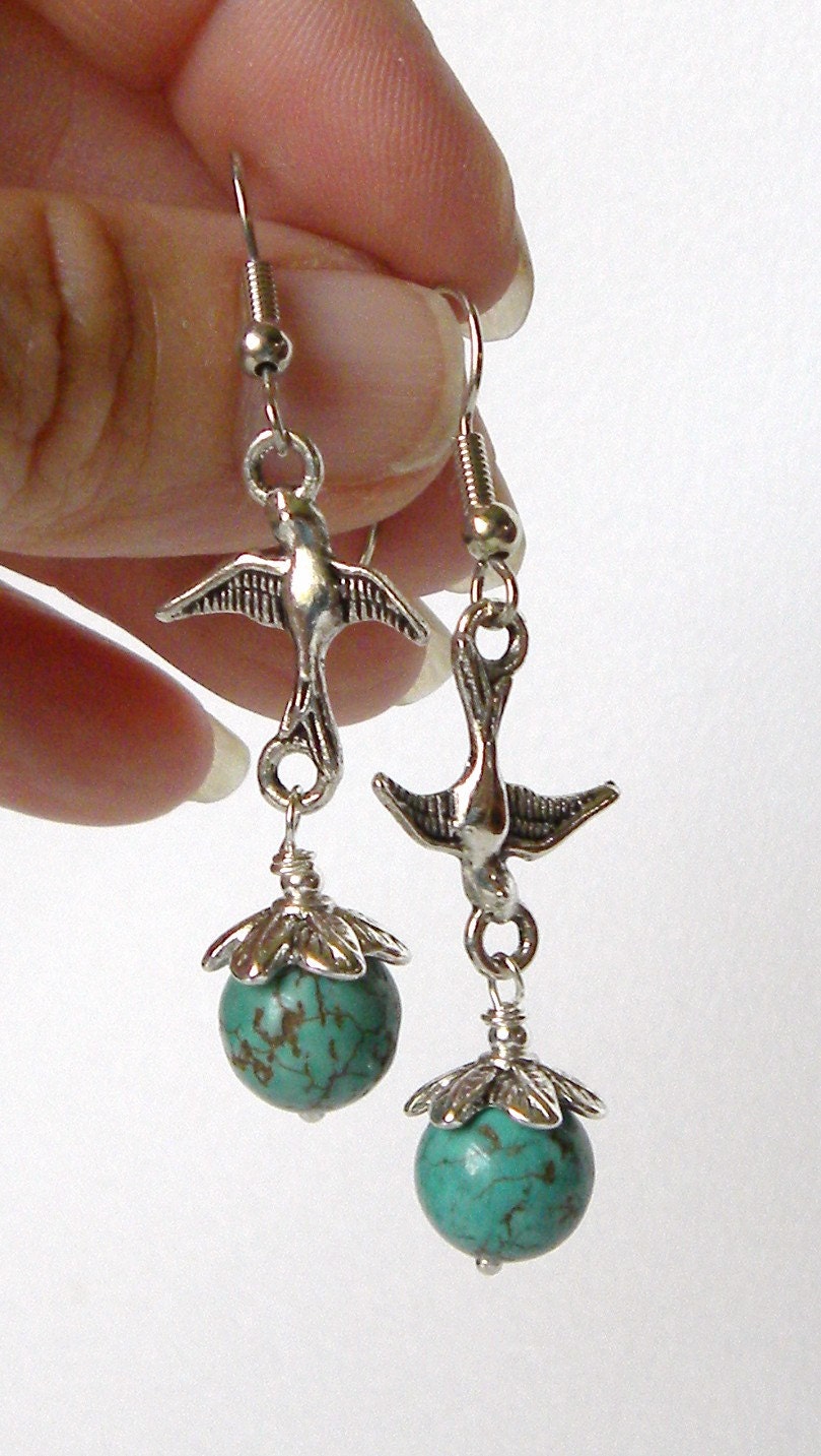 Turquoise Silver Swallows Handmade Beaded Gemstone Earrings