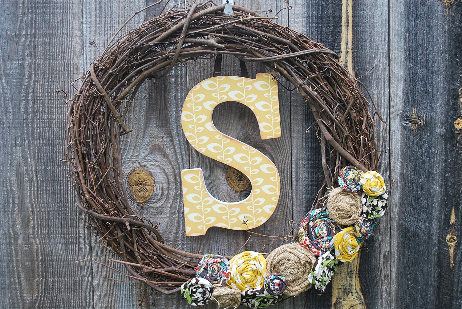 Spring Wreath-Personalized Rosettes, Green floral, brown, mustard yellow, burlap