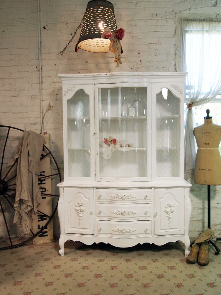 RESERVED for TWANNA Painted Cottage Chic Shabby Romantic White China Cabinet CC352