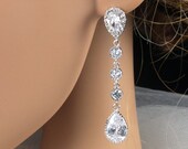 15% OFF Set (6) Francette - Bridal Earrings, Bridesmaids, Clear White Teardrop Cubic Zirconia Crystal, Long Earrings