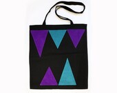 Tote bag black geometric in linen and leather - fully handmade