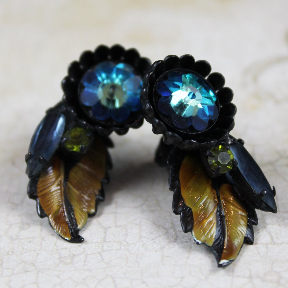 Vintage Turquoise, Black and Olive Green Enamel Clip On Earrings