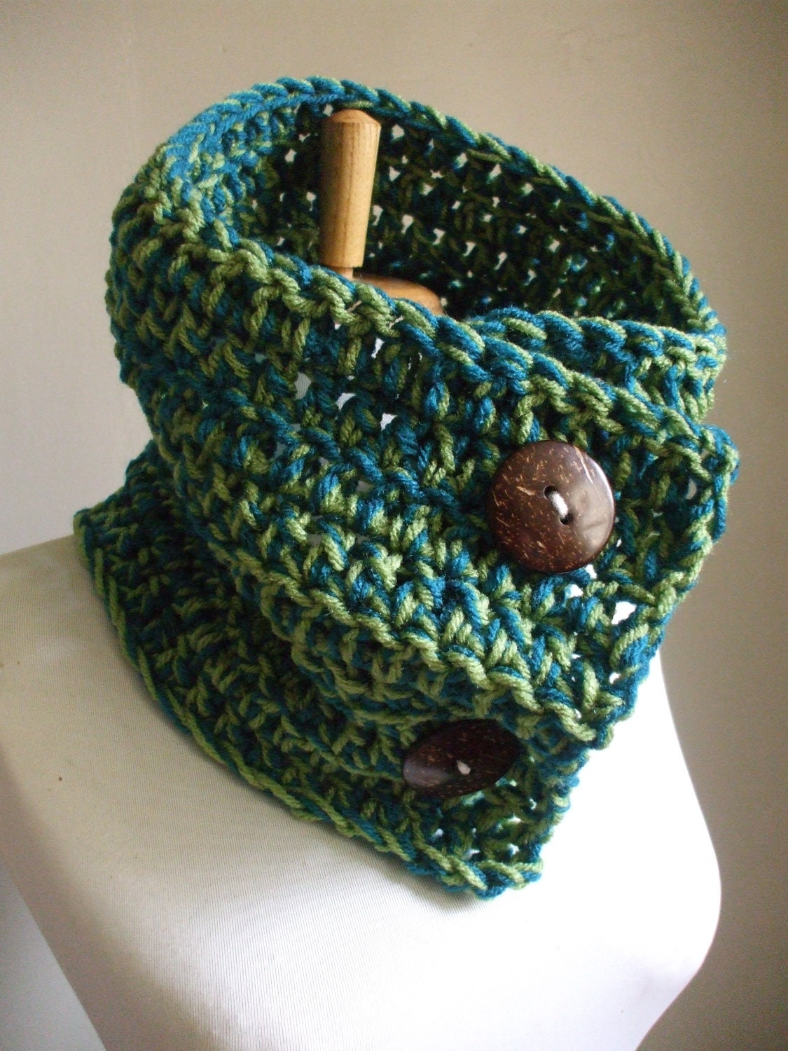 Chunky Cozy Crochet Cowl NeckWarmer Scarflette Scarf MIXED GREENS Handmade on Etsy Unisex Men Women Ready to Ship