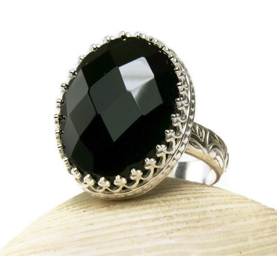 Sterling Silver Black Onyx, Power Ring, Big Stone, Faceted Cut, Handmade Jewelry-made to order in your size