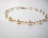 Small Pearl Bracelet - Gold Filled White Cultured Pearl Beaded Rosary Bracelet Beadwork Bracelet