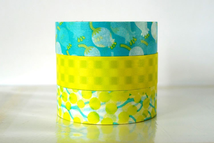 Japanese Lily of the Valley Washi Tape Aqua Blue, Bright Yellow masking tapes - Set of 3 PrettyTape