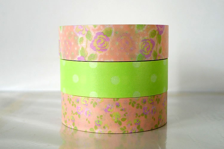 Soft PINK ROSE Washi Tape Green Dots  Set of 3 PrettyTape