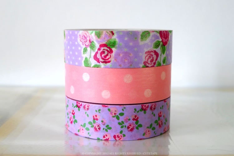 Japanese Purple Fuchsia ROSE and Baby Pink Dots Washi Tape Set of 3 PrettyTape
