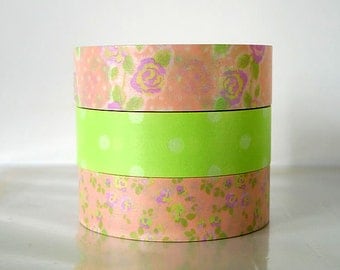 Soft PINK ROSE Washi Tape Green Dots  Set of 3 PrettyTape