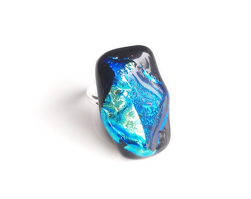 Cocktail Ring Black & Blue Dichroic Adjustable - Fused Glass Jewelry