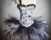 Size small Spider web with spiders and one shoulder strap Burlesque Corset tulle dress Ready to Ship
