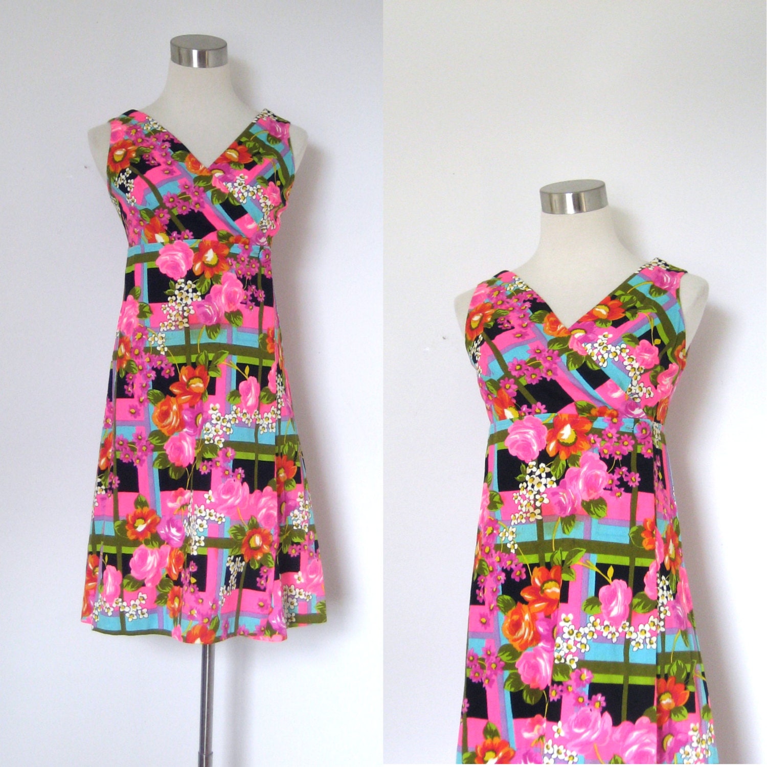 1960s Dress / 1960s Neon Floral Print Dress / Mini Dress (S M)