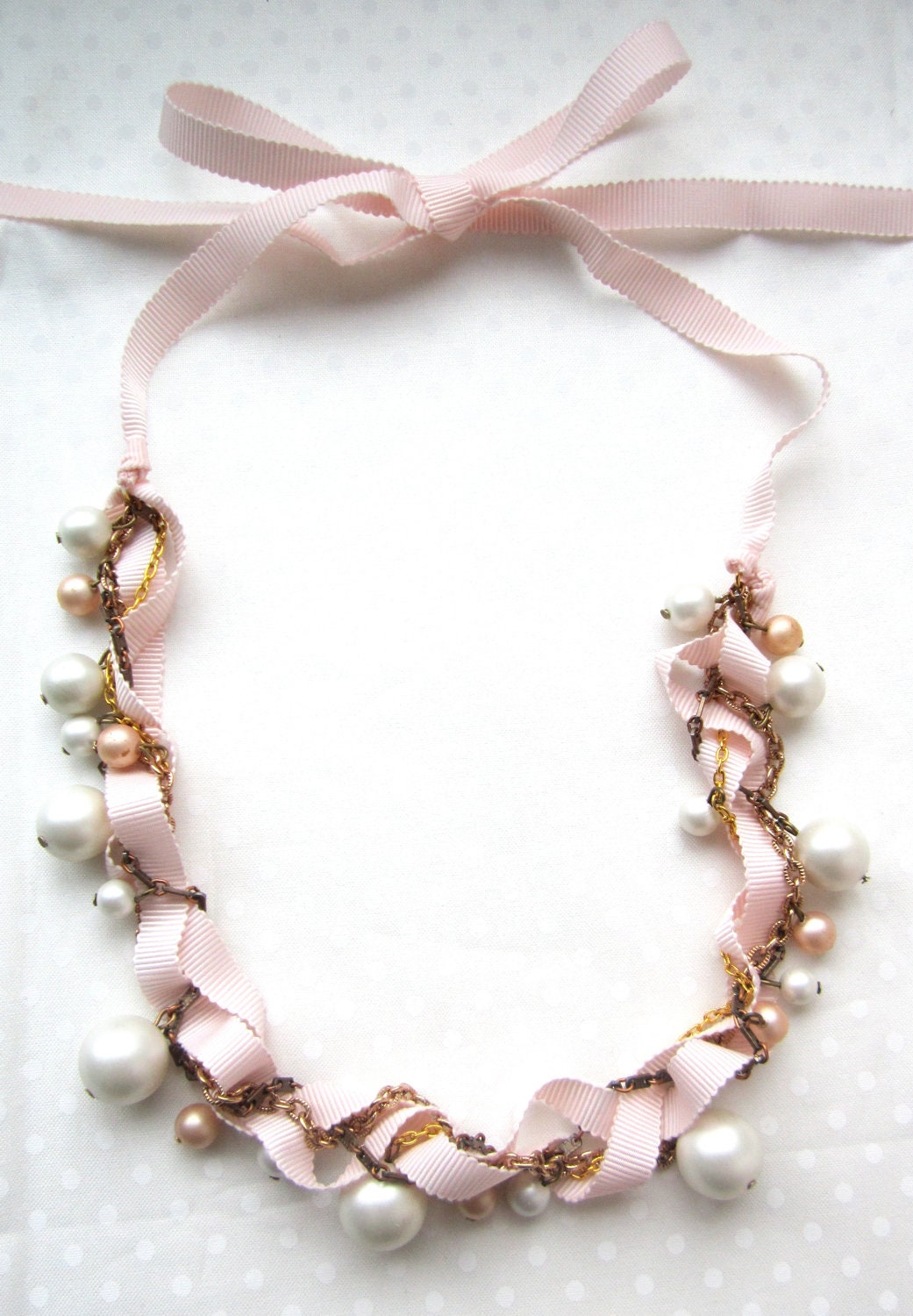 Pearl and Ribbon Bridal Vintage Wedding Bridesmaid Necklace Twisted Satin Pearls - Think Pink Necklace