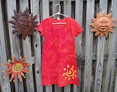 Ladies Dress: Red with Yellow Batik Sun, Short Sleeves (L) MADE IN USA