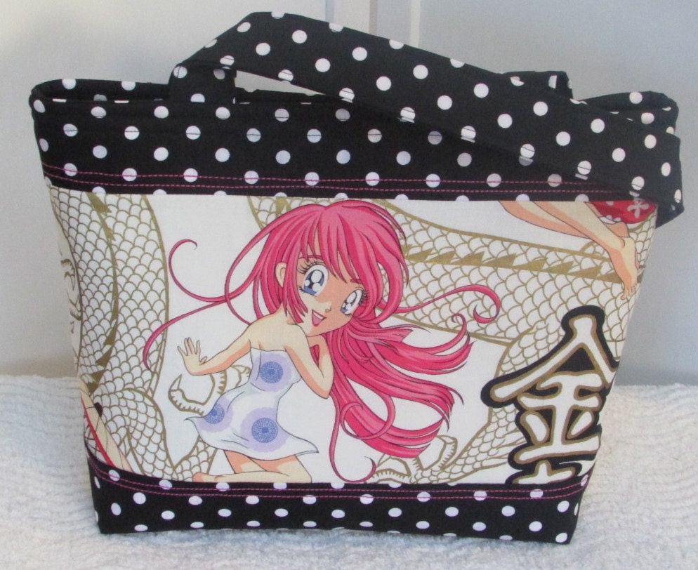 Anime Dragon Princess Mini Tote  , Ipad , Kindle , Nook , pink  and black , Ready to Ship