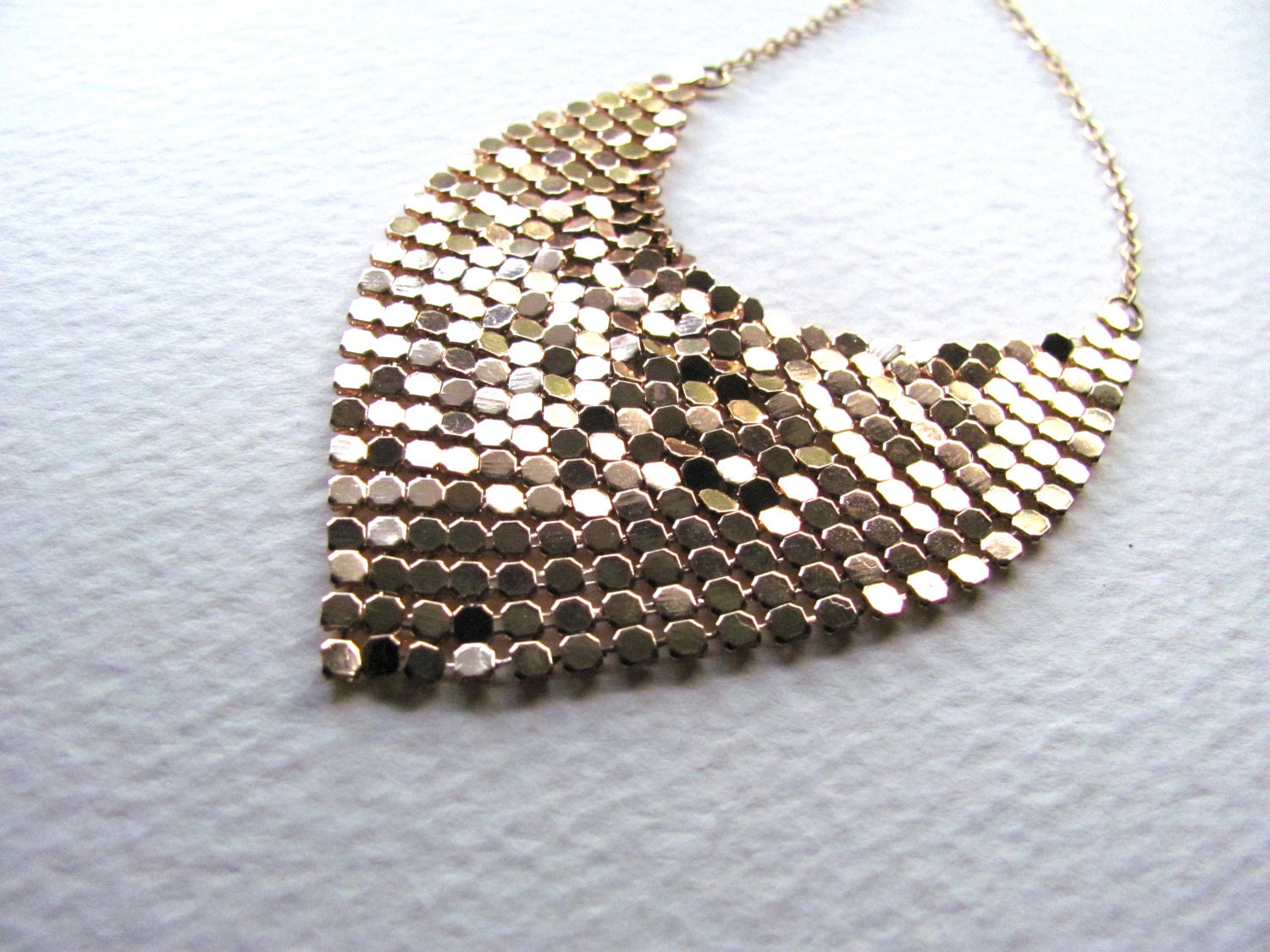 Gold sequin bib necklace, vintage inspired, sparkling mesh triangle pendant on 14k gold plate chain, statement necklace
