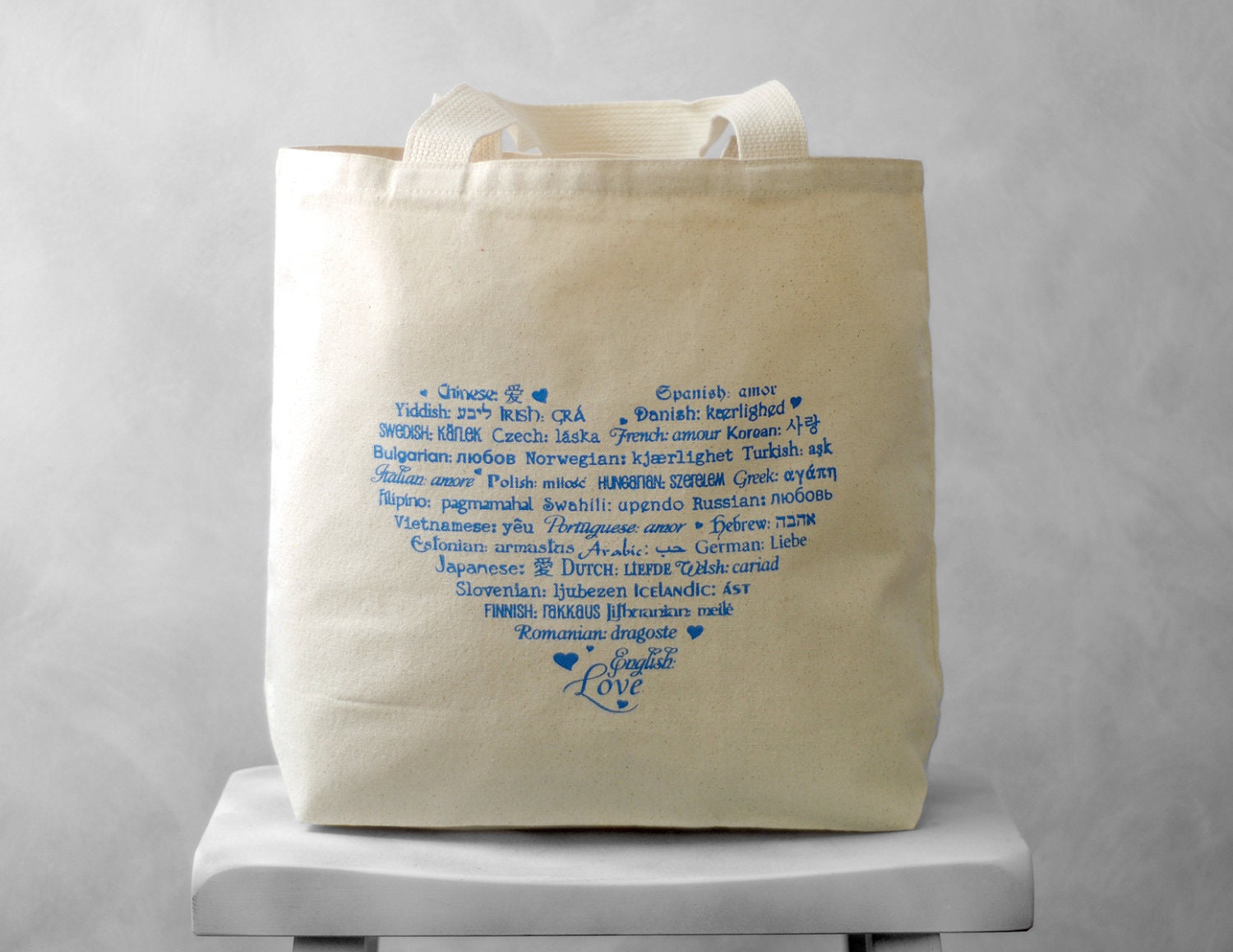 LOVE Languages Tote Bag - Blue Topaz on Natural or Black - Canvas Bag - Carryall Tote - BucktoothedBunny