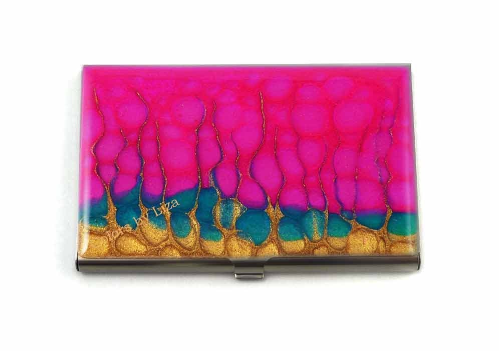 Business Card Case Metal Id Wallet Fuchsia Turquoise and Gold Hand Painted Card Holder Enamel Finish, Customizable