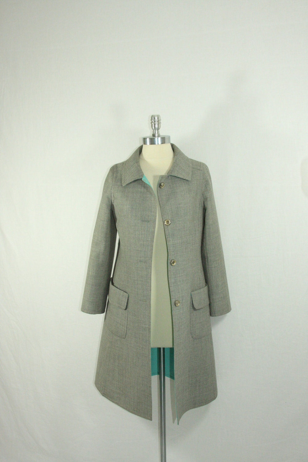 1970s Vintage Long Coat - COUTURE J. Tiktiner - Made in FRANCE - Grey Overcoat with Aqua Lining