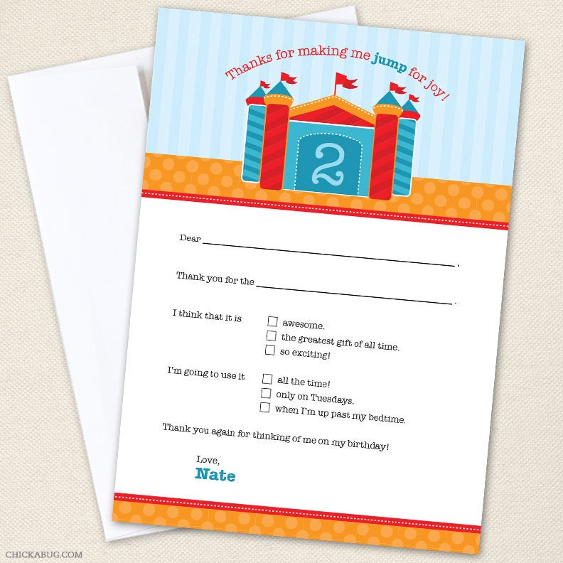 Bounce House party - Set of 15 custom thank you cards - Printable file also available