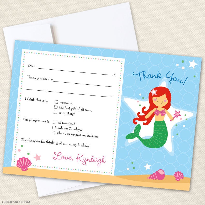 Mermaid party - Set of 15 custom thank you cards - Choose your own mermaid - Printable file also available