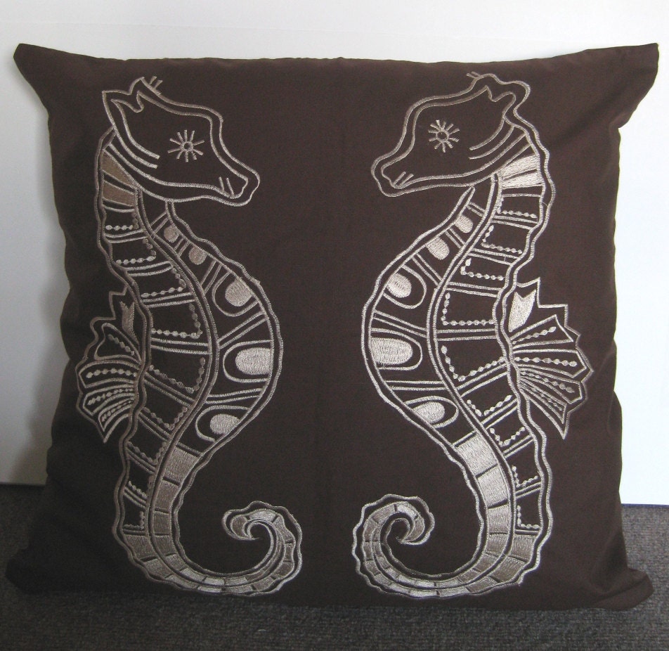 Embroidered Decorative Pillow Cover - Sea Horse - 18" x 18" Brown Pillow with Off-White Embroidery (READY TO SHIP)