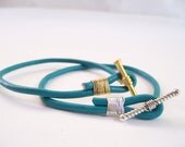 Stack Bracelet, Friendship Bracelet, Turqouise Leather Wrap Bracelet, Wire Wrap with Gold or Silver Toggle, 1 for 10.00