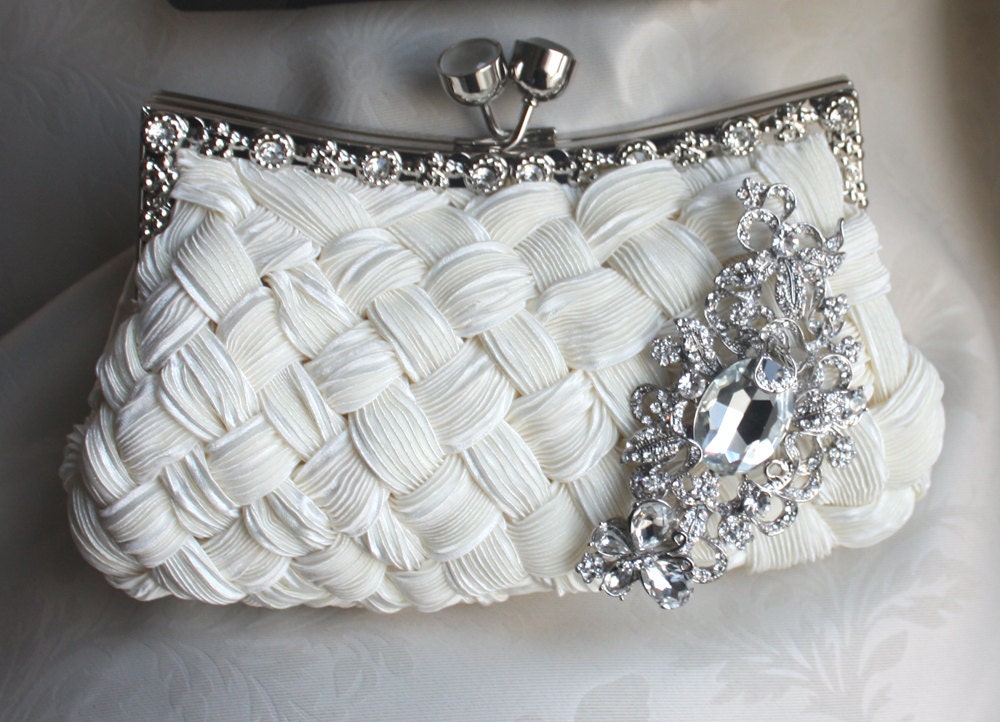 Ivory Bridal Clutch - satin with Swarovski Crystal  brooch - ON sale  30% OFF