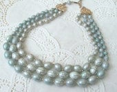 Vintage Necklace, Mint Green Crackle Bead Pearly 3 Strand Necklace, Green Necklace, Graduated Necklace, Bead Necklace