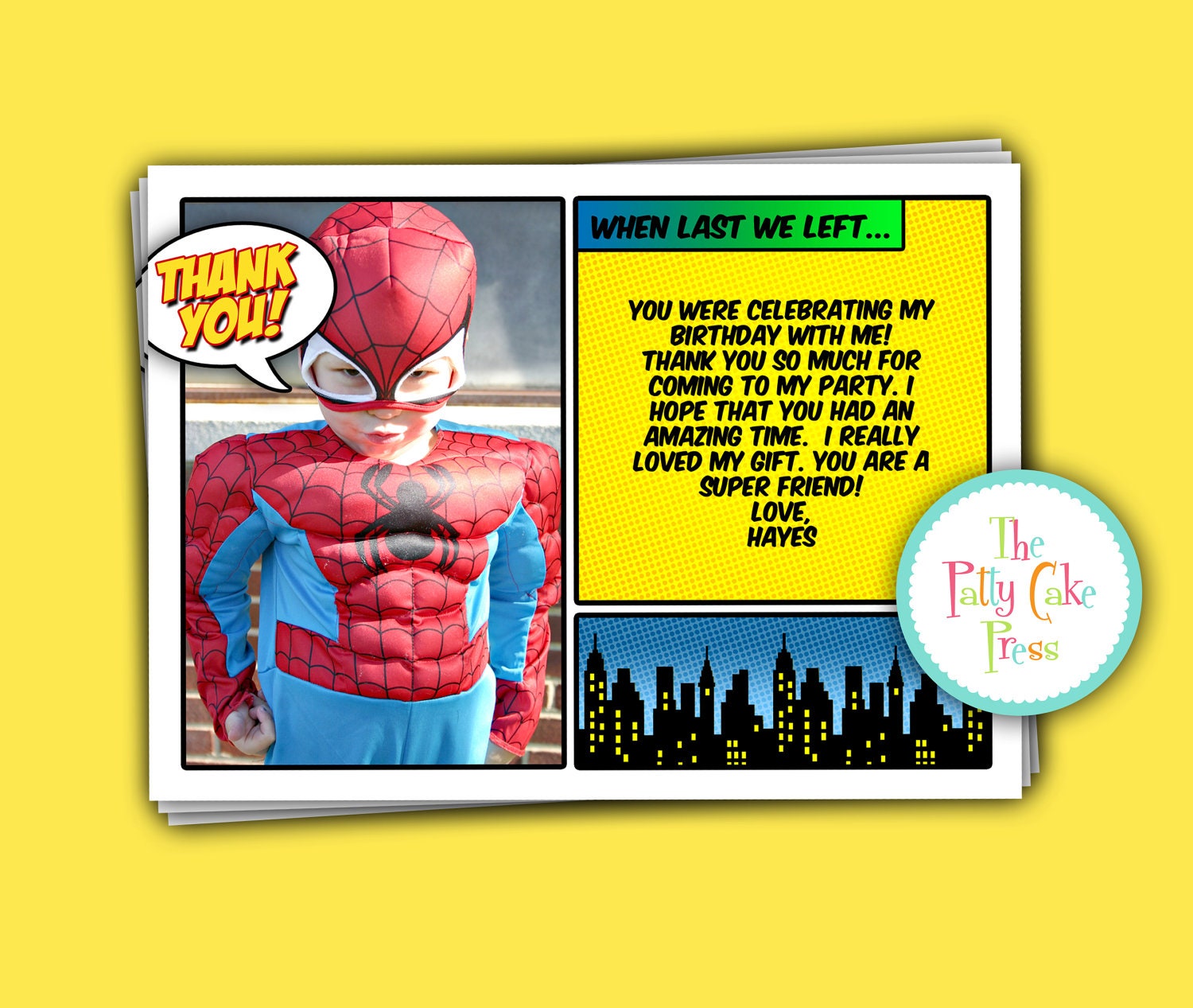 Super Hero Thank You Cards Custom Printable Digital File Birthday Party Gift Boys Spiderman Superman Coordinating Matching invitation