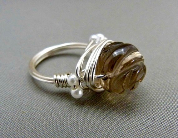 Smokey Quartz Carved Rose - Cocktail Wire Wrapped Ring