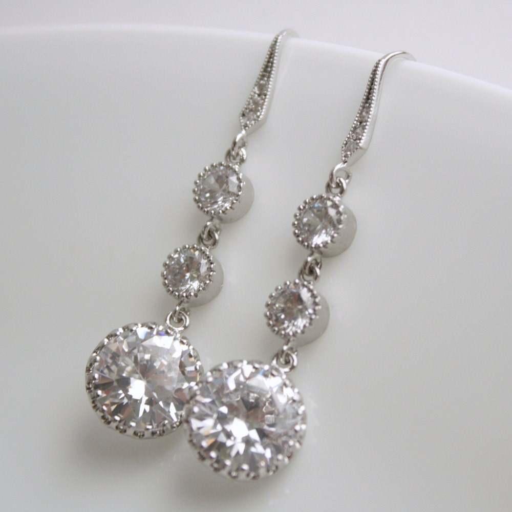 Wedding Earrings Bridal Earrings Round Cubic Zirconia Clear Silver Drops Wedding Jewelry