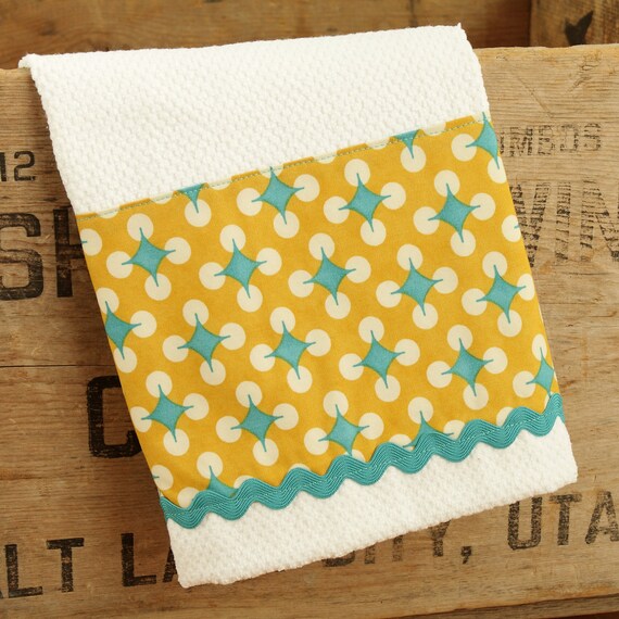 Tea Towel Yellow and Aqua Blue Fabric Kitchen Towel by TerraceHill