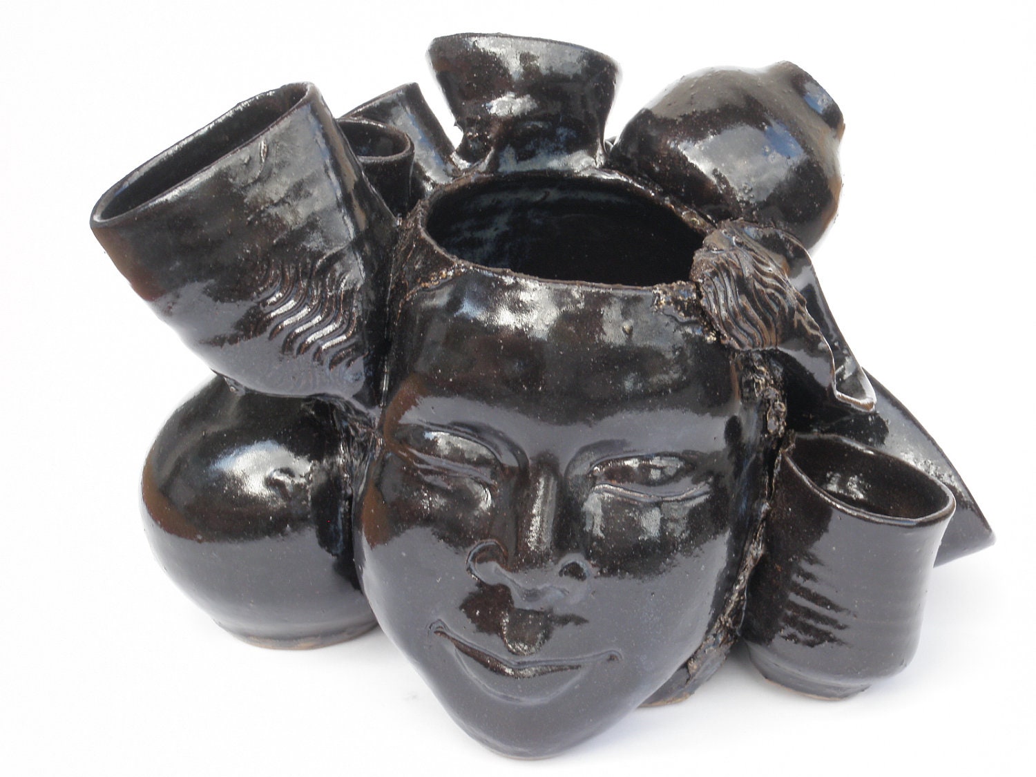 Pot Head Face Vase Ikebana Portrait Bust Sculpture Pottery Jar Cup Bowl Assemblage