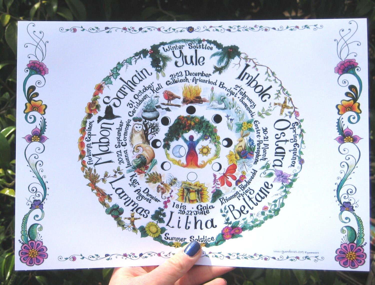 Hand drawn Wheel of the Year chart Pagan Hippy by gwendaviesart