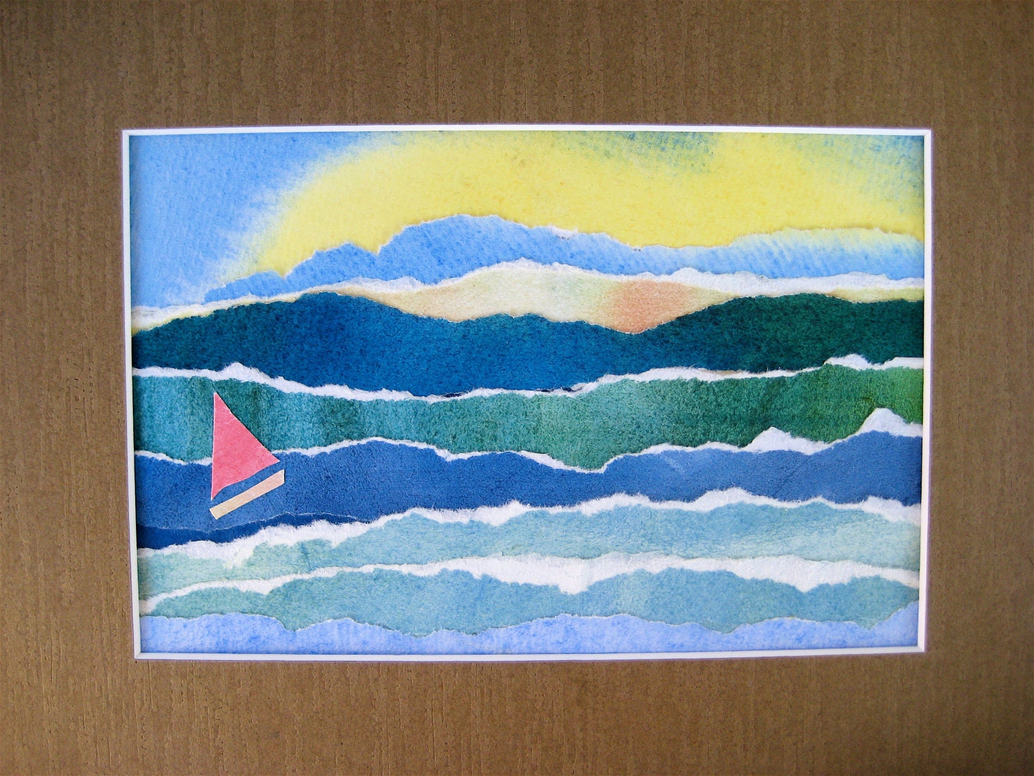 Watercolor Collage Ocean Waves with Tiny Sailboat Torn Paper Art in 8 by 10 Matt Beach Decor