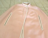 1960s Mod Cape in Pink Wool Cream Faux Leather Trim Poncho - Peak a Boo Slits - Nurses Cape One of a Kind Handmade