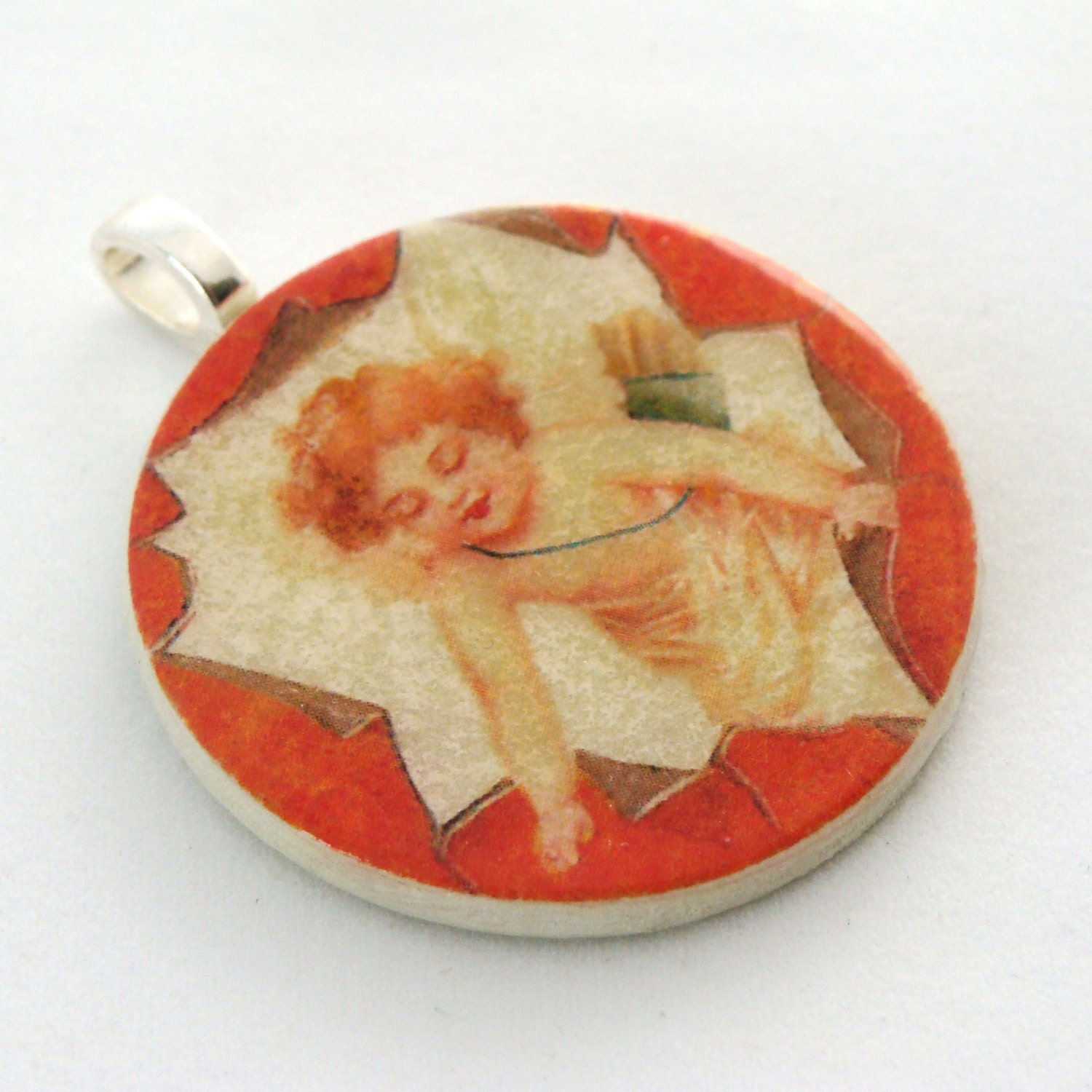 Pendant, Vintage Cupid, Handmade Decoupaged, FREE SHIPPING
