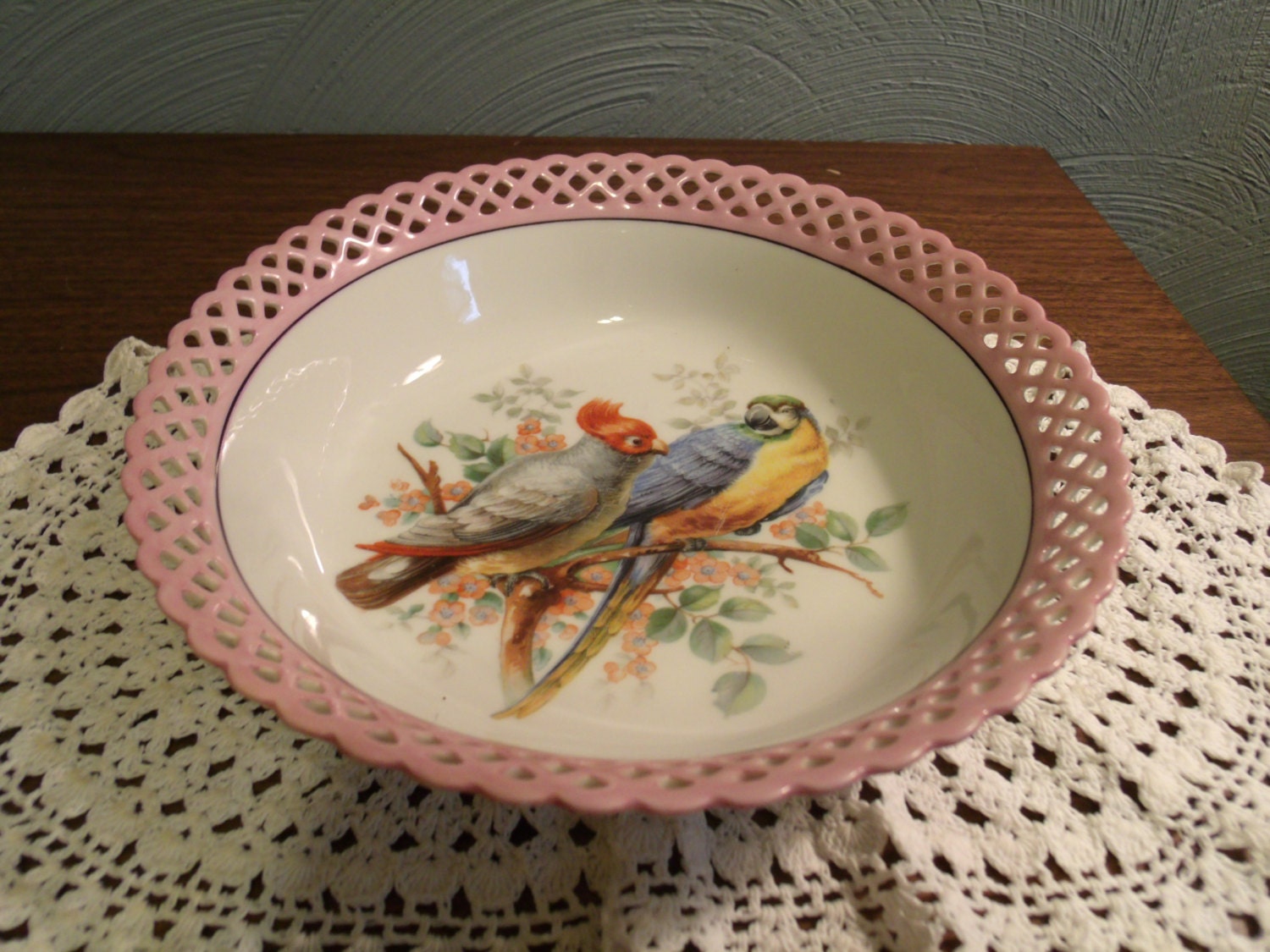 Old Porcelain Bowl, Pierced, Reticulated, Parrots, Birds, Pink, Schumann Arzberg, Germany