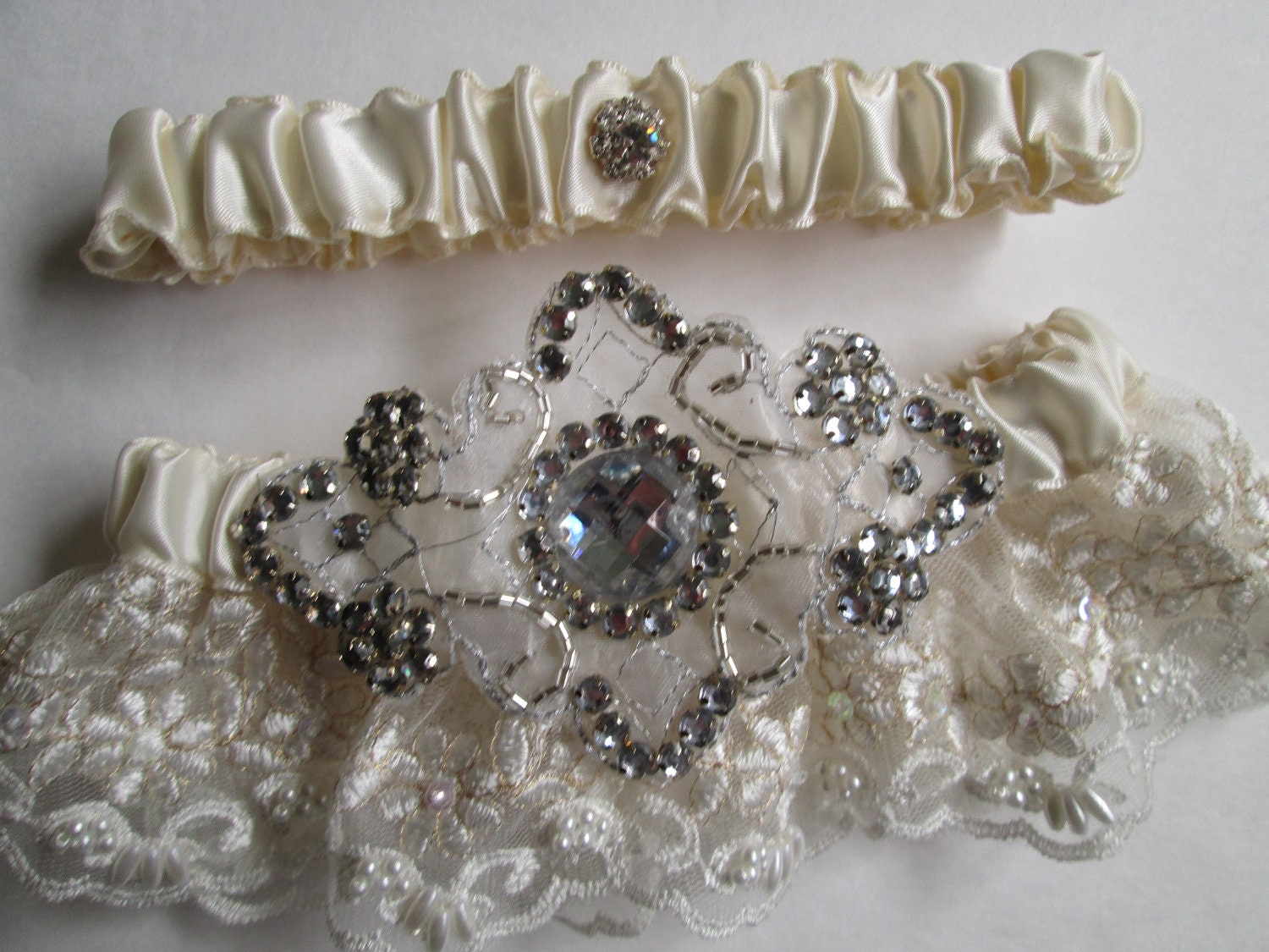 Bridal Wedding Garters, Ivory Satin Garters, Ivory lace Garters, Pearled/Beaded Lace Garters, Rhinestone Heirloom Garter Wedding CLEARANCE