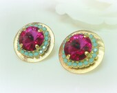 Gold Big Round Turquoise & Hot Pink Swarovski crystal  post earrings, Crystal stud earring, Bridesmaid gift