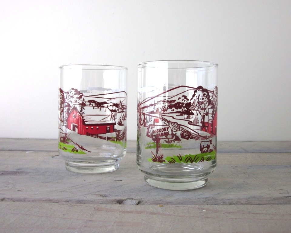 Vintage Red Barn Farm House Glasses Hickory Farms Set of Two