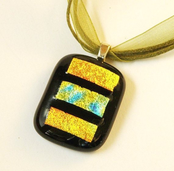 Fused Glass Pendant Gold and Black Dichroic Glass Necklace