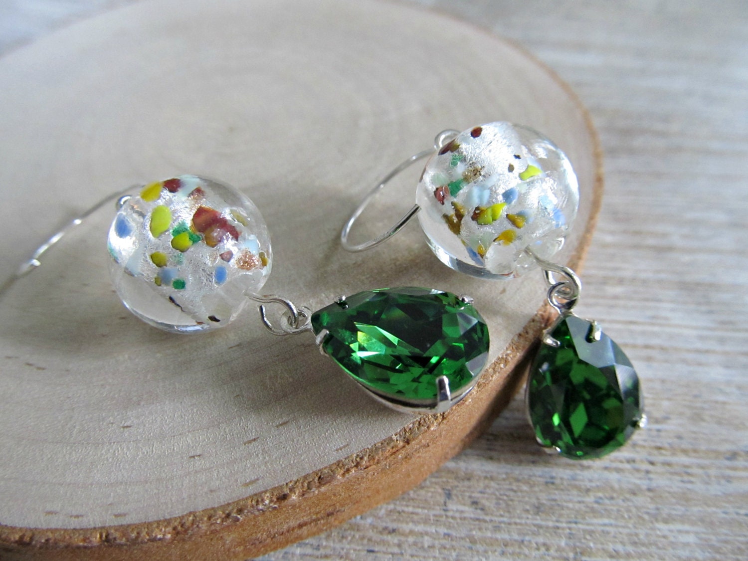 Swarovski Emerald green crystal earrings with vintage confetti beads and stering silver
