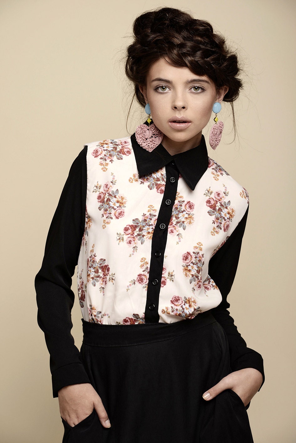 Black collar shirt. flower print blouse. button down shirt. button up shirt.  pink chiffon blouse. womens shirt.