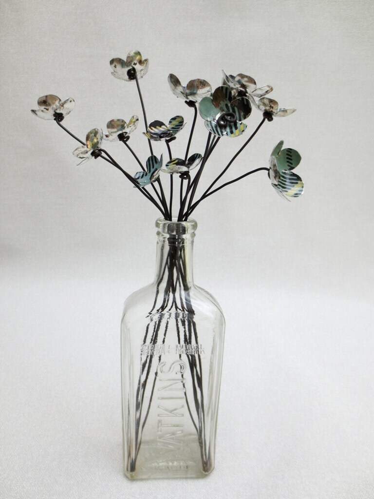 Funky Green Plaid Metal Blossoms In Repurposed Rustic Flowers Bouquet
