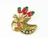 Vintage Dutch Tulip Wooden Shoe Rhinestone Red Green Enamel Brooch