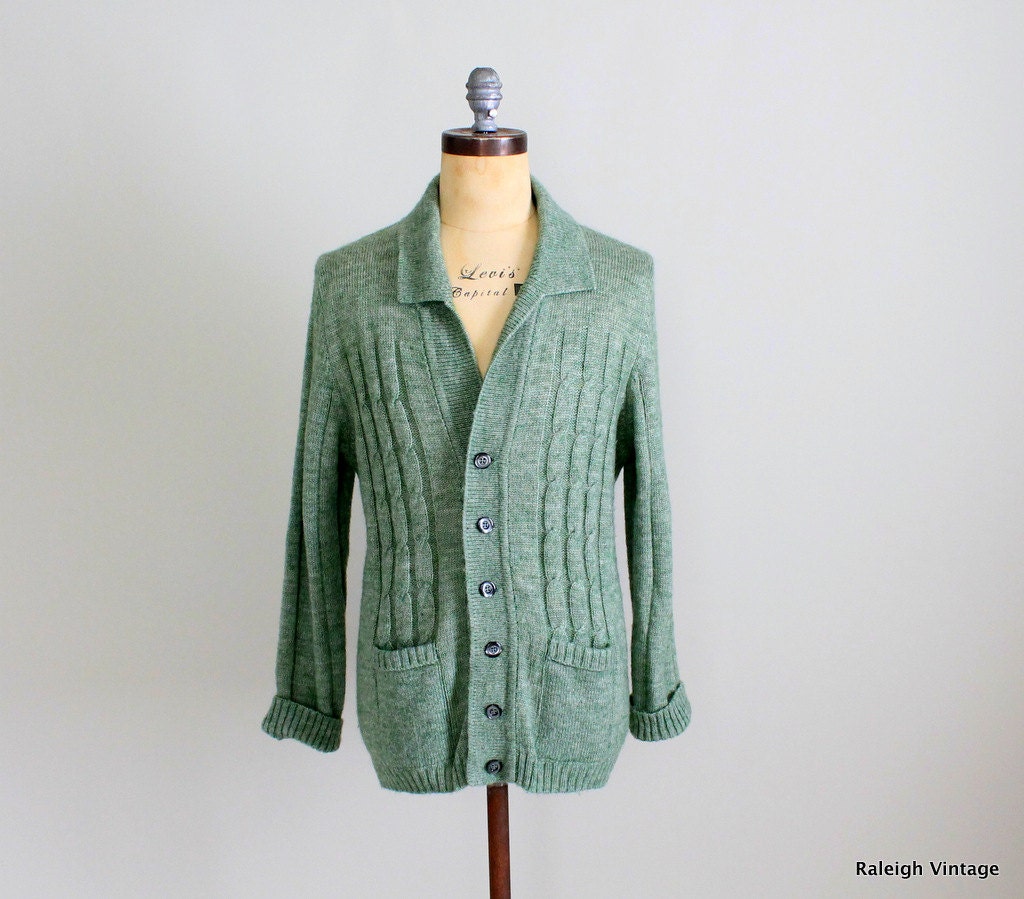 Vintage 1960s MENS Cardigan : 60s Green Cable Knit Sweater Cardigan Men Menswear