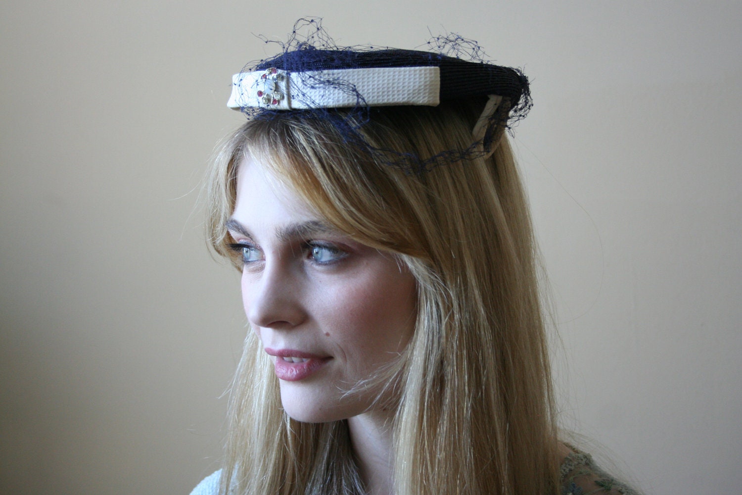 50s Church Lady Netted Hat / Pink Rhinestones / Mini Pillbox Hat / Head Topper / Mad Men / / Net Hat  Black Hat